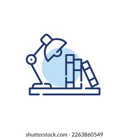 Books and desk lamp on shelf. Working or studying. Pixel perfect, editable stroke line icon