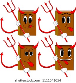 Books devil with pitchfork. Cartoon book collection with happy faces. Expressions vector set.