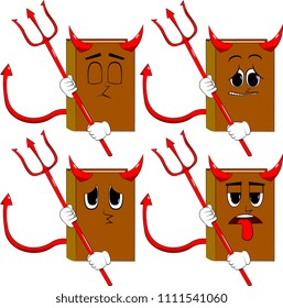 Books devil with pitchfork. Cartoon book collection with sad faces. Expressions vector set.