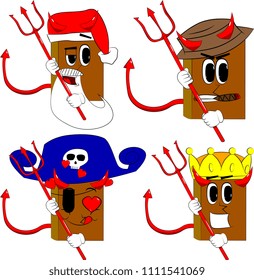 Books devil with pitchfork. Cartoon book collection with costume faces. Expressions vector set.