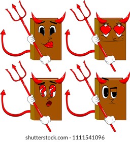 Books devil with pitchfork. Cartoon book collection with various faces. Expressions vector set.