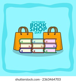 Books of different colors and two shopping paper bags, with bold text in frame on light blue background to celebrate Bookshop Day on October
