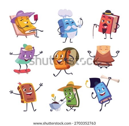 Books. Different emotional characters books in action poses and funny faces exact vector books in cartoon style