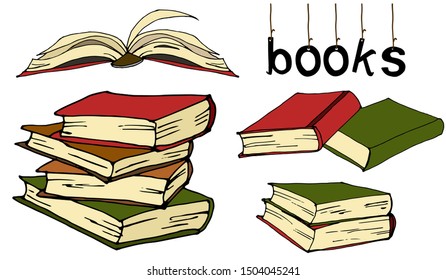 books are different in a pile, an open book, one book