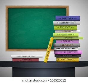 Books of different school disciplines on the desk, behind the blackboard. Eps 10