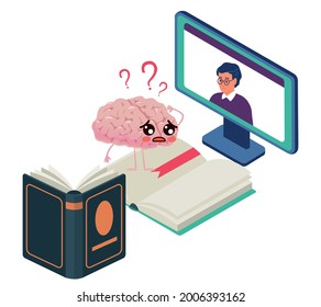 Books or digital. Brain makes a choice between online distance learning and book, ways to get information, lesson and webinar on screen, education in library vector cartoon isometric concept