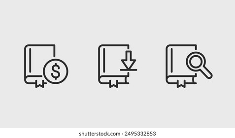 Books and digital reading icons. Books and digital reading trendy minimal icons set. Book Download, Book Search icon. Design signs for web page, mobile app, packaging design. Vector illustration