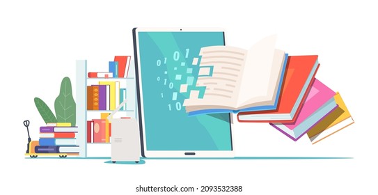 Books Digitization Concept. Textbook Paper Pages and Written Information Converting into Digital Version on Table Pc Screen, Library with Shelves, Modern Technologies. Cartoon Vector Illustration