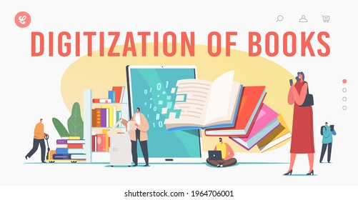 Books Digitization Landing Page Template. Librarian Characters Scanning Paper Pages Converting Information into Digital Version on Computer, People with Books in Library. Cartoon Vector Illustration