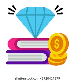 Livros com dólar e diamante, design plano de educação preciosa