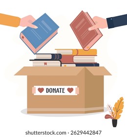Books donation, bookcrossing, concept. Human hands put various books into box. Stack of textbooks in box. Time for knowledge charity. Donation box full of books. flat vector illustration