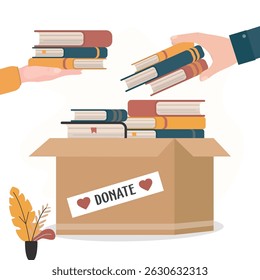 Books donation, bookcrossing, concept. Human hands put various books into box. Stack of textbooks in box. Time for knowledge charity. Donation box full of books. flat vector illustration