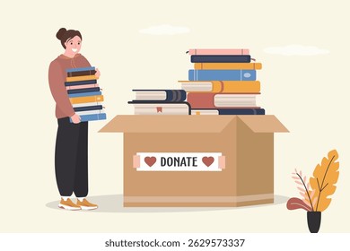 Doação de livros, cruzamento, conceito. Leitora de mulher segurando vários livros. Pilha de livros didáticos, revistas na caixa. Hora da caridade do conhecimento. Caixa de doação cheia de livros. ilustração vetor plana