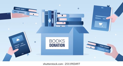 Books donation, volunteering concept. Various human hands put used books in box. Stack of books in box. Time for knowledge charity. Donation box full of literature. flat vector illustration