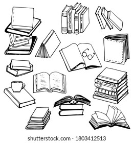 Books doodle color linear icons set  Thin line open   closed books lying table  in stack hand drawn illustration  Glasses   cup book collection  Vector elements isolated white background