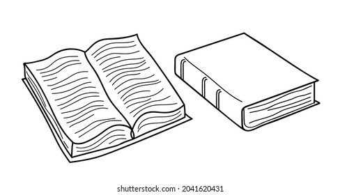Books doodle. Open and Closed book. Black color sketch. Learning and education sketch signs. Line art style Vector illustration for World book day banner.