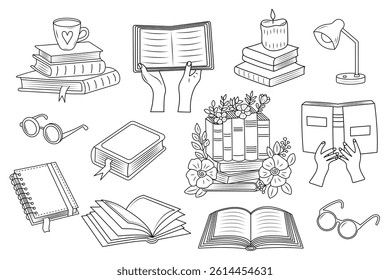 Books doodle set. Reading and library concept. Perfect for coloring pages, library themes, or educational materials.