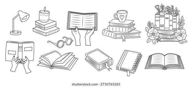 Books doodle set. Reading and library concept. Perfect for coloring pages, library themes, or educational materials.