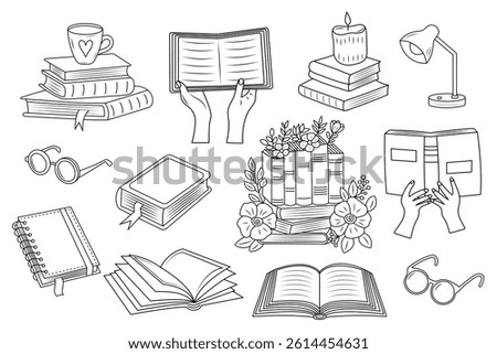 Books doodle set. Reading and library concept. Perfect for coloring pages, library themes, or educational materials.