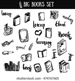  Books doodles set  with lettering. Book icons isolated on white background. Hand drawn Opened book covers. Books on shelves with coffee cup.