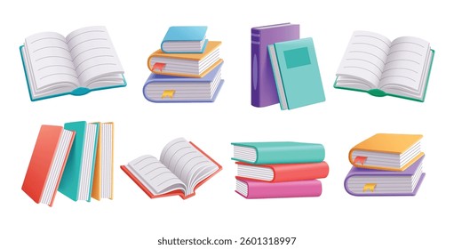 Books drawing clipart 3d set. School textbook colorful elements clip art in open and closed page collection of dictionary, novel, literature and story materials vector illustration. 
