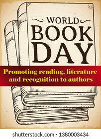 Books drawing over scroll in hand draw style and red label promoting some precepts for World Book Day celebration.