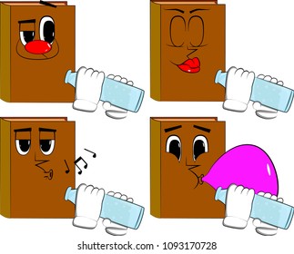 Books drinkig water from a glass bottle. Cartoon book collection with various faces. Expressions vector set.