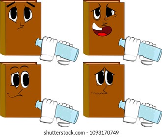 Books drinkig water from a glass bottle. Cartoon book collection with sad faces. Expressions vector set.