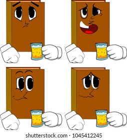 Books drinking beer. Cartoon book collection with sad faces. Expressions vector set.