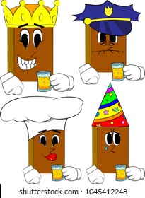 Books drinking beer. Cartoon book collection with costume faces. Expressions vector set.