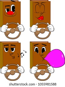 Books driving, holding a steering wheel. Cartoon book collection with various faces. Expressions vector set.
