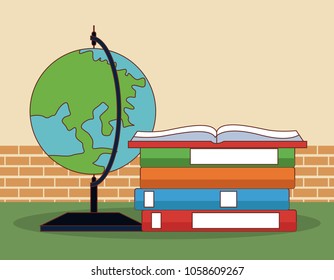 Books and earth globe cartoon