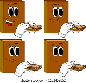 Books eating a sandwich. Cartoon book collection with happy faces. Expressions vector set.