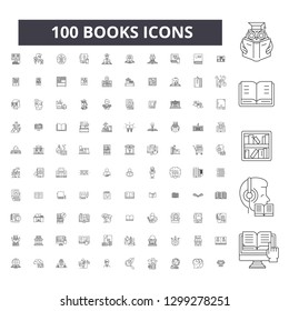 Books editable line icons, 100 vector set, collection. Books black outline illustrations, signs, symbols