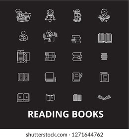 Books editable line icons vector set on black background. Books white outline illustrations, signs, symbols