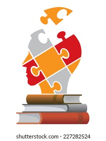 Books education concept. Three books and puzzle head silhouette. Concept symbolizing reading and education. Vector illustration. 	 
