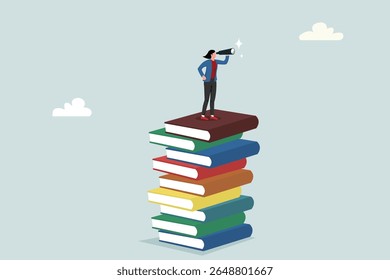 Livros ou educação para ajudar a avançar carreira, conhecimento ou sabedoria para o visionário de negócios, conceitos ou oportunidades de liderança, líder de negócios confiante em uma grande pilha de livros olhando pelo telescópio.