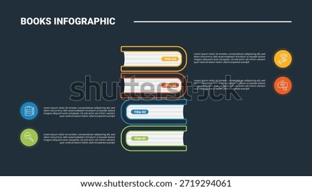 Books education infographic process diagram with stacked book as box container with opposite direction with dark background bright outline style 4 points vector