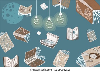 Books Education and Study Background. Reading hobby background hand drawn design. Vector illustration.