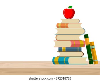 Books. Education vector background. Stack of books with apple on wooden table. Education and back to school concept background 