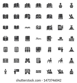Books and education vector icons set, modern solid symbol collection filled style pictogram pack. Signs logo illustration. Set includes icons as pupil, student, teacher, ebook reader device, knowledge