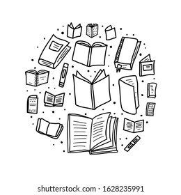 Books emblem in doodle style. Round badge with symbols of reading. Circle composition with learning and education sketch signs. Vector black and white illustration.