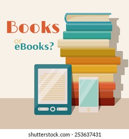 Books end ebooks concept. Vector flat illustration