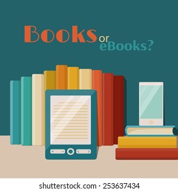 Books end ebooks concept. Vector flat illustration