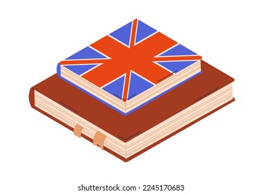 Books for English language study. Textbooks for British grammar learning, literature reading. Philology education with vocabulary, dictionary. Flat vector illustration isolated on white background