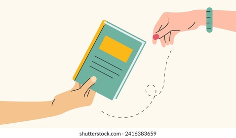 Books exchange or crossing banner template. Reading, education concept, human hand holding book and giving it to another person vector illustration. Swap literature day