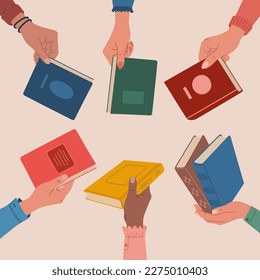 Books exchange or crossing concept. Hands holding books. People exchanging, borrowing and recommending literature. Hand drawn vector illustration isolated on light background, flat cartoon style.