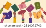 Books exchange or crossing. Diverse hands holding books. People exchanging, borrowing and recommending literature. Hand drawn vector illustration isolated on light background, flat cartoon style.