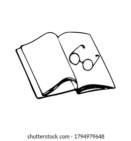 Books and eyeglasses doodle color linear icon. Old opened book hand drawn illustration. Reading educational, historical literature, romance, fantasy. Vector elements isolated on white background