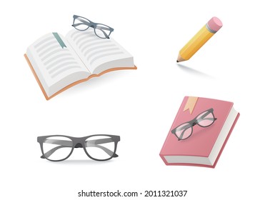 Books, eyeglasses and pencil. Colored vector illustration. Isolated on white background.